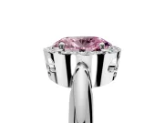 Halo Engagement Ring Setting for Fancy Pink Oval Center with Tapered Plain Band and Prong Head in Platinum