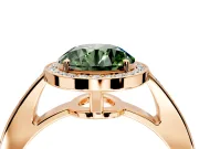 Bezel-Framed Halo Engagement Ring Setting for Fancy Green Round Cut Center with Pave Band and Prong Head in Rose Gold