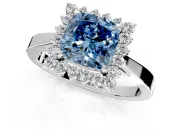 Starburst Halo Engagement Ring Setting for Fancy Blue Cushion Cut Center with Flat Cathedral Band and Prong Head in White Gold