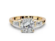 3 Stone Engagement Ring Setting for Cushion Cut Center with Baguette Accents and Prong Head in Yellow Gold