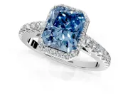 Halo Engagement Ring Setting for Fancy Blue Radiant Cut Center with Full Pave Band and Prong Head in White Gold