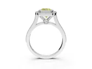 Halo Engagement Ring Setting for Fancy Yellow Cushion Cut Center with Milgrain Frame, Pave Band and Prong Head in White Gold