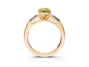 3 Stone Engagement Ring Setting for Fancy Yellow Radiant Cut Center with Tapered Baguettes, Plain Band and Prong Head in Rose Gold