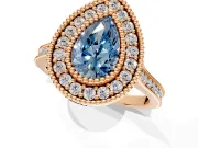 Halo Engagement Ring Setting for Fancy Blue Pear-Shaped Center with Milgrain Frame, Pave Band and Prong Head in Rose Gold