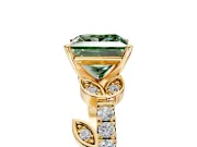 Leaf Motif Engagement Ring Setting for Fancy Green Princess Cut Center with Pave Band and Prong Head in Yellow Gold