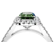 Halo Engagement Ring Setting for Fancy Green Emerald Cut Center with Narrowing Pave Band and Prong Head in Sterling Silver