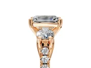 3 Stone Engagement Ring Setting for Emerald Cut Center with Crossover Basket, Pave Band and Prong Head in Rose Gold