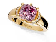 Solitaire Engagement Ring Setting for Fancy Pink Cushion Cut Center with Wide Band, Pave Collar and Prong Head in Yellow Gold