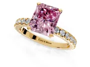 Solitaire Engagement Ring Setting for Fancy Pink Radiant Cut Center with Fine Pave Band and Claw Prong Head in Yellow Gold