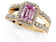 Halo Engagement Ring Setting for Fancy Pink Emerald Cut Center with Wide-Open Pave Split Shank and Prong Head in Yellow Gold