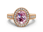 Milgrain Halo Engagement Ring Setting for Fancy Pink Oval Center with Pave Band and Prong Head in Rose Gold