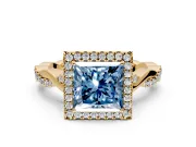 Halo Engagement Ring Setting for Fancy Blue Princess Cut Center with Twist Band and Prong Head in Yellow Gold
