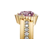 Halo Engagement Ring Setting for Fancy Pink Heart-Shaped Center with Wide Band, Inlaid Accent Row and Prong Head in Yellow Gold