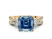 3 Stone Engagement Ring Setting for Fancy Blue Asscher Cut Center with Pave Split Shank and Prong Head in Yellow Gold