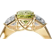 3 Stone Engagement Ring Setting for Fancy Yellow Princess Cut Center with Raised Basket Heads and Prong Head in Yellow Gold