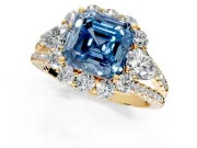 Halo Engagement Ring Setting for Fancy Blue Asscher Cut Center with Two-Strand Split Shank and Prong Head in Yellow Gold