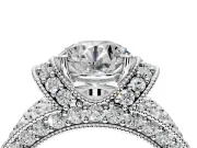 Pave Engagement Ring Setting for Round Cut Center with Curved Accent Rows, Openwork and Prong Head in Platinum