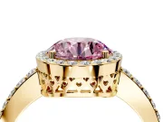 Halo Engagement Ring Setting for Fancy Pink Round Cut Center with Heart-Shaped Openwork, Pave Band and Prong Head in Yellow Gold