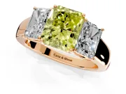 3 Stone Engagement Ring Setting for Fancy Yellow Radiant Cut Center with Raised Basket Heads and Prong Head in Rose Gold