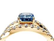 Solitaire Engagement Ring Setting for Fancy Blue Emerald Cut Center with Wide-Open Split Shank and Prong Head in Yellow Gold