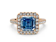 Halo Engagement Ring Setting for Fancy Blue Asscher Cut Center with Raised Halo, Pave Band and Prong Head in Rose Gold