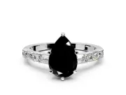 Baguette Engagement Ring Setting for Fancy Black Pear-Shaped Center with Alternating Bar-Set Band and Prong Head in Sterling Silver