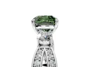 3 Stone Engagement Ring Setting for Fancy Green Cushion Cut Center with Pave Twist Band and Prong Head in White Gold