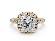 Halo Engagement Ring Setting for Cushion Cut Center with Raised Halo, Pave Band and Prong Head in Yellow Gold