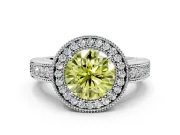 Milgrain Halo Engagement Ring Setting for Fancy Yellow Round Cut Center with Pave Band and Prong Head in White Gold