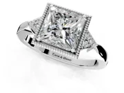 Cluster Engagement Ring Setting for Princess Cut Center with Milgrain Shoulder Clusters and Prong Head in White Gold