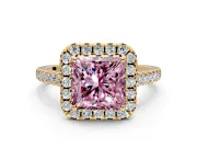 Halo Engagement Ring Setting for Fancy Pink Princess Cut Center with Narrowing Pave Band and Prong Head in Yellow Gold