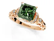 Solitaire Engagement Ring Setting for Fancy Green Princess Cut Center with Filigree Band and Prong Head in Rose Gold