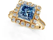 Milgrain Halo Engagement Ring Setting for Fancy Blue Princess Cut Center with Bezel Point Accents and Prong Head in Yellow Gold