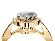 Bezel-Framed Halo Engagement Ring Setting for Heart-Shaped Center with Pave Band and Prong Head in Yellow Gold