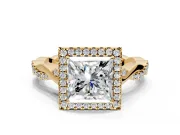 Halo Engagement Ring Setting for Princess Cut Center with Twist Band and Prong Head in Yellow Gold