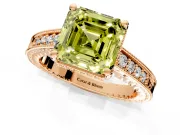 Engraved Engagement Ring Setting for Fancy Yellow Asscher Cut Center with Milgrain Pave Band and Prong Head in Rose Gold
