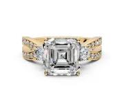 3 Stone Engagement Ring Setting for Asscher Cut Center with Pave Twist Band and Prong Head in Yellow Gold