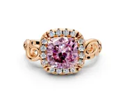 Halo Engagement Ring Setting for Fancy Pink Cushion Cut Center with Open Scroll Shoulders and Prong Head in Rose Gold