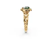 Halo Engagement Ring Setting for Fancy Green Heart-Shaped Center with Open Scroll Shoulders and Prong Head in Yellow Gold