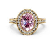 Halo Engagement Ring Setting for Fancy Pink Oval Center with Milgrain Halo, Pave Band and Prong Head in Yellow Gold