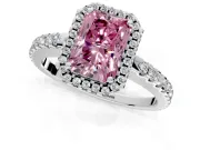 Accent Halo Engagement Ring Setting for Fancy Pink Radiant Cut Center with Full-Length Pave Band and Prong Head in White Gold