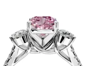 3 Stone Engagement Ring Setting for Fancy Pink Cushion Cut Center with Crossover Basket, Pave Band and Prong Head in Sterling Silver