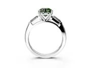 3 Stone Engagement Ring Setting for Fancy Green Round Cut Center with Tapered Baguettes, Plain Band and Prong Head in White Gold