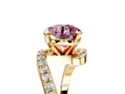 Solitaire Engagement Ring Setting for Fancy Pink Round Cut Center with Pave Bypass Swirl Band and Prong Head in Yellow Gold