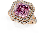 Double Halo Engagement Ring Setting for Fancy Pink Asscher Cut Center with Narrow Pave Split Shank and Prong Head in Rose Gold