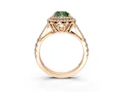 Double Halo Engagement Ring Setting for Fancy Green Cushion Cut Center with Narrow Pave Split Shank and Prong Head in Rose Gold