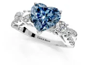 3 Stone Engagement Ring Setting for Fancy Blue Heart-Shaped Center with Pave Split Shank and Prong Head in Sterling Silver