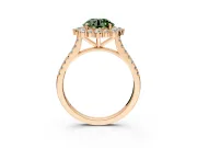 Halo Engagement Ring Setting for Fancy Green Round Cut Center with Single-Row Pave, Open Basket and Prong Head in Rose Gold