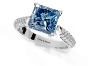 Solitaire Engagement Ring Setting for Fancy Blue Princess Cut Center with Multi-Row Accents and Prong Head in Sterling Silver