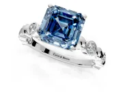 Solitaire Engagement Ring Setting for Fancy Blue Asscher Cut Center with Beaded Bezel Station Band and Prong Head in Sterling Silver